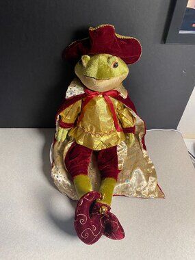 Whimsical Frog Musketeer Pirate Decor Plush 26” Red Gold Velvet Figurine